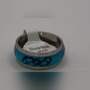 Y2K Blue & Black Heart Band Ring - Stainless Steel - Size 8.5